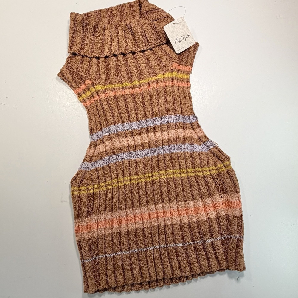 Free People NWT Sleeveless Turtleneck Striped Tank XS Brown Peach Stretchy Boho